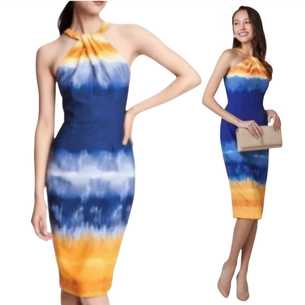 #35 NWT H&M Blue & Orange TieDye Print Halter Midi Dress US 12 P2p19 L44
